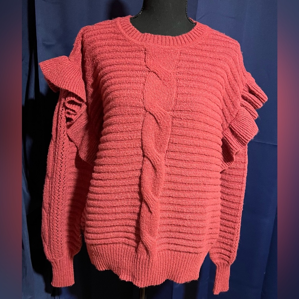 Mud Pie Ruffle Shoulder Raspberry Pink Sweater